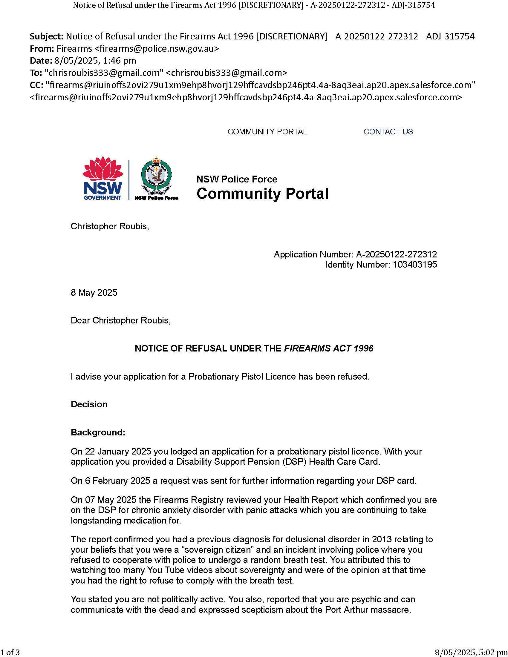 Notice of Refusal under the Firearms Act 1996 [DISCRETIONARY] - A-20250122-272312 - ADJ-315754_Page_1.jpg