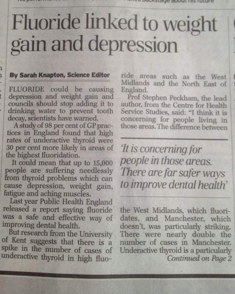 England's front page headline: Fluoride linked to weight gain and Depression